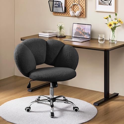 Yaheetech Black Petal Boucle Makeup Vanity Desk Chair with Wheels, Swivel | Soft foam-padded boucle fabric fits vanity, bedroom, office or sewing desks; adjustable height, swivel wheels, fast assembly. - color: Black