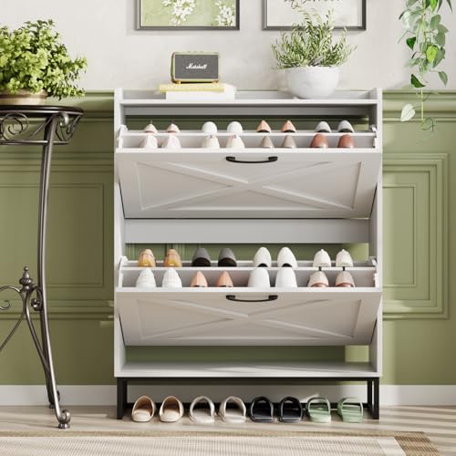Maupvit Shoe Cabinet with 2 Flip Drawers, Freestanding Shoe Cabinet Organizer with Metal Legs, Shoes Storage Cabinet for Entryway, Narrow Shoe Rack Cabinet, White - color: White, style: 2-Drawers