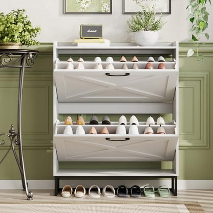 Maupvit Shoe Cabinet with 2 Flip Drawers, Freestanding Shoe Cabinet Organizer with Metal Legs, Shoes Storage Cabinet for Entryway, Narrow Shoe Rack Cabinet, White - color: White, style: 2-Drawers