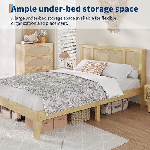 GarveeHome Full Bed Frame with Natural Rattan Headboard, Sturdy Metal Base with Durable Wooden Slats, Boho-Style Cane Mattress Support, No Box Spring Needed