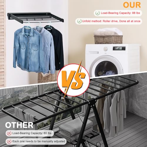 Wall Mounted Drying Rack, Aluminum Collapsible, 88 lbs Capacity, Foldable Laundry Rack for Drying Clothes (Black)