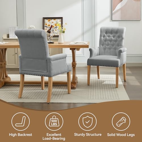 Dining Chair with Arms, Upholstered High Back Dining Room Chairs, Grey | Set of 2, Linen Fabric Dining Chairs, Tufted Armchair with Solid Wood Leg, Nailhead Trim, Comfortable Parson Kitchen Chairs - color: Light Grey, size: 2 PCS