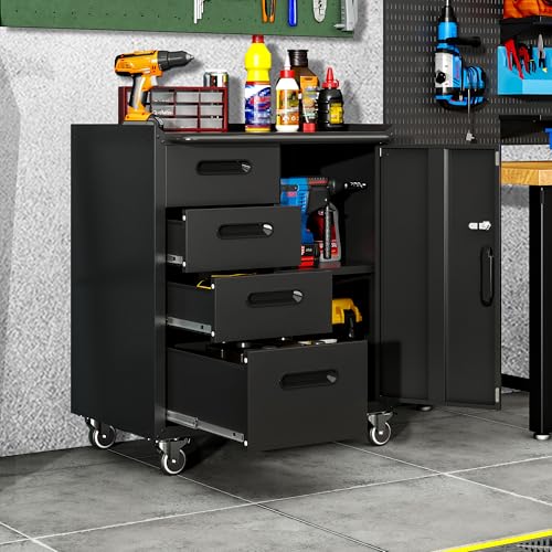 Garage Cabinets,Metal Garage Storage Cabinet with Wheels,Black Lockable Rolling Tool Cabinet with Drawer and Adjustable Shelves,Heavy Duty Tool Chest for Home Office Utility Room - color: Black, size: 4 Drawers & 1 Door