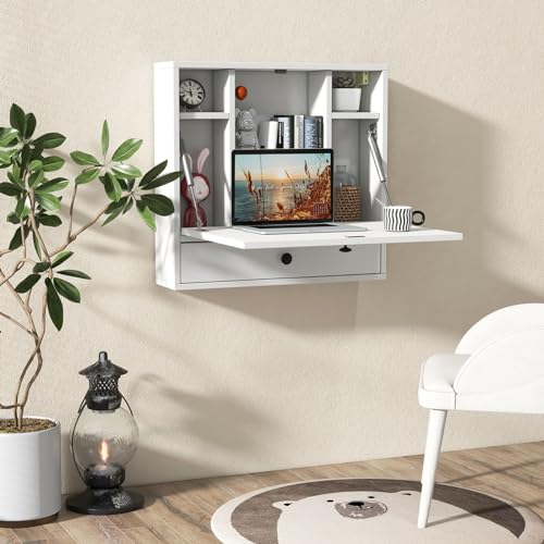 Tangkula Folding Wall Table - Floating Desk with Storage Drawer & Shelves (White) - color: White