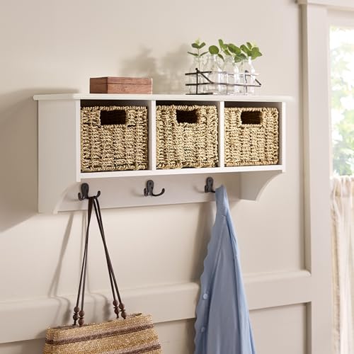 SAFAVIEH Home Collection - Finley Ivory Wall Mounted 3-Basket Storage Rack with Hooks & Seagrass Baskets (HAC5700H) - color: Ivory