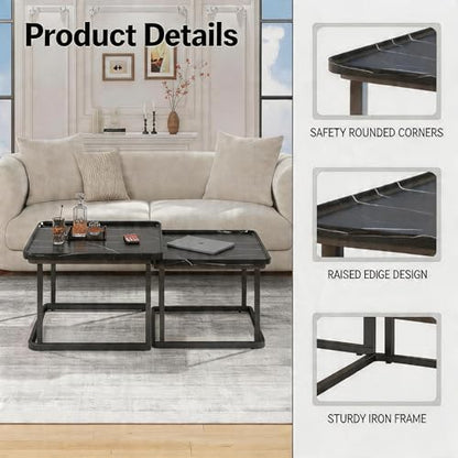 Nesting Coffee Table Set of 2 – Square Small Coffee Tables for Living Room, Bedroom, Balcony, Versatile End Table Set,Space Saving Mid Century Modern Nesting Coffee Tables Stackable, - color: Black