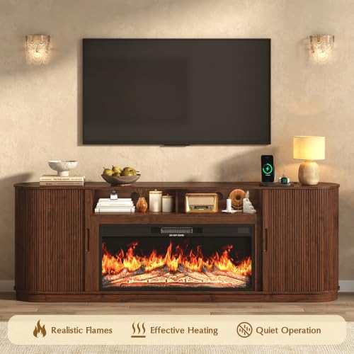 85.6" Fireplace TV Stand for TV Up to 90",Entertainment Center with 40" Electric Fireplace,Simulates 12 Flame Colors,Countertop with Power Outlet, Large Capacity, for Living Room,Walnut - color: Walnut