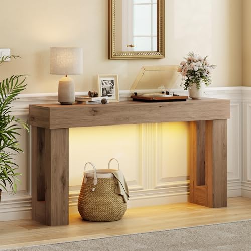 Apicizon 63" Long Console Table for Entryway with LED Light, Farmhouse Wooden Sofa Table Behind Couch, Narrow Entry Way Table for Living Room, Hallway, Entrance, Foyer, Brown - color: Light Brown