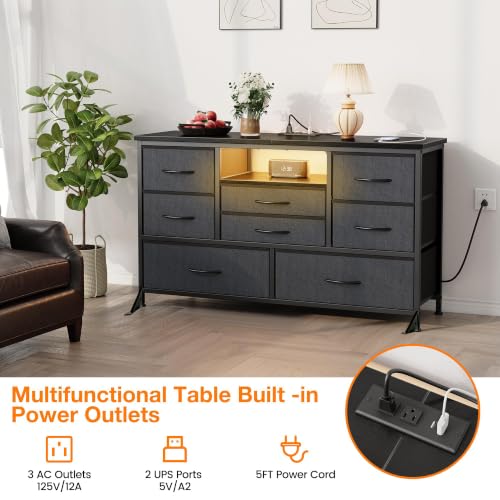 8-Drawer LED Dresser TV Stand with Power Outlet for 55'' TV - Wide Storage Chest for Bedroom, Living Room & Entryway, Wood Top Console Table with 22 Light Modes - color: Grey