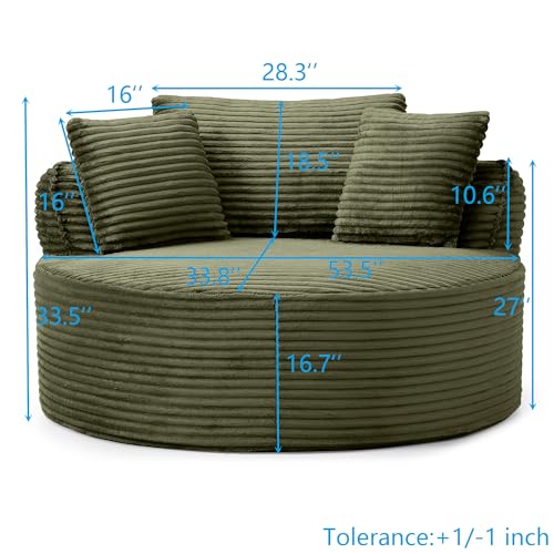 KEIKI 53.5" Oversized Round Chair, Large Barrel Chairs, Upholstered Accent Corduroy Single Sofa Armchair for Living Room, Lounge, Green - color: Green