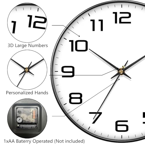 8 Inch Modern Wall Clocks Battery Operated - Silent Non Ticking Quartz Analog Clock with Large Numbers, Easy to Read Digital Wall Clock for Bedroom, Living Room, Kitchen, Office, Gym, Black - color: White Black, size: 8 Inch