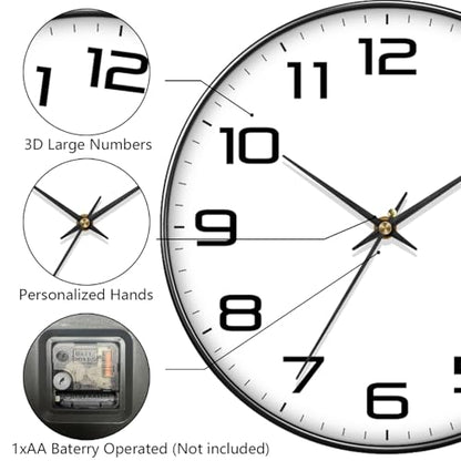 Silent Wall Clock with Extra Large Numbers - 10 Inch Modern Battery Operated Analog Clock, Tempered Glass, Non-Ticking Wall Clocks for Living Room, Bedroom, Kitchen, Office, Classroom, Black - color: White Black, size: 10 Inch