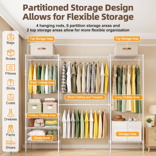 Expandable Clothes Rack, 15.7" D x (70.9"-90.6") W x 76.8" H, White | Freestanding Wire Garment Clothing Rack with 4 Hanging Rods, Max Load 1000lbs, Adjustable, Heavy Duty - color: White