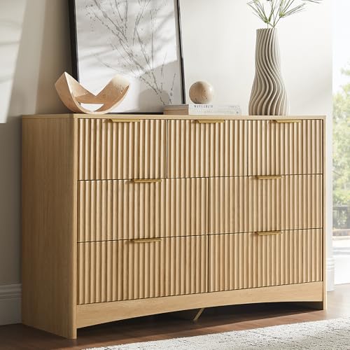 Amada Modern 7 Drawer Dresser, Fluted Wood Chest of Drawers with Rounded Corners, Pre-Installed Drawer Slides, Dresser TV Stand and Storage Organizer for Bedroom or Hallway in Natural Oak - color: Natural Oak, size: 15.5"D x 47.2"W x 31.5"H (7 Drawers)