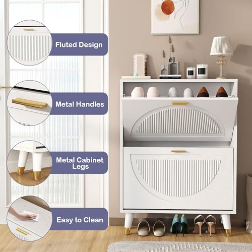 Shoe Cabinet Storage for Entryway: 24" White Slim Shoe Storage Cabinet with 2 Flip Drawers, Narrow Hidden Shoes Storage, Wood Shoes Organizer Cabinets for Hallway (1, 2-Drawers) - size: 2-Drawers