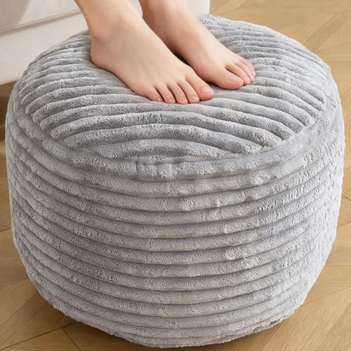 Round Ottoman,Corduroy Pouf Foot Rest,Light Grey,20x15 in | Storage Ottoman Footstool for Living Room,20x15 Soft Floor Poufs,Memory Foam Filling,Footrest only - color: Light Grey, size: 20"D x 20"W x 15"H