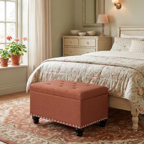 Ottoman with Storage, Fabric Ottoman Foot Rest 24" Rectangle Tufted Foot Stools Ottomans with Hinged Lid Upholstered Button Ottomans for Bedroom Living Room Entryway, Rust - color: Rust