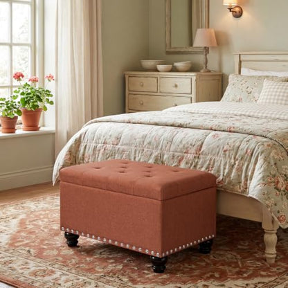 Ottoman with Storage, Fabric Ottoman Foot Rest 24" Rectangle Tufted Foot Stools Ottomans with Hinged Lid Upholstered Button Ottomans for Bedroom Living Room Entryway, Rust - color: Rust