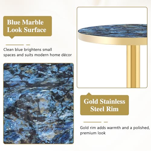 TesNus 23.6" Small Round Dining Table for 2, Circle Tulip Table, Faux Marble Top with Gold Metal Pedestal Base, Modern Leisure Coffee Table for Small Spaces, Cafe, Office, Blue&Gold - color: Blue Top&gold Base