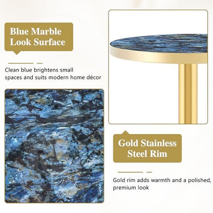 TesNus 23.6" Small Round Dining Table for 2, Circle Tulip Table, Faux Marble Top with Gold Metal Pedestal Base, Modern Leisure Coffee Table for Small Spaces, Cafe, Office, Blue&Gold - color: Blue Top&gold Base