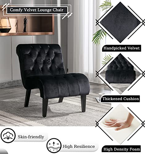 Comfy Velvet Accent Chair, Tufted Armless Side Chair with Rolled Edge | Modern Small Lounger for Living Room, Upholstered Reading Chaise Lounge with Solid Rubber Wood Legs, Black - color: Deep Black, size: Set of 1
