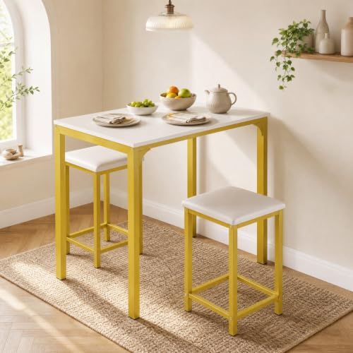 COSTWAY Dining Table Set, Counter Height Table & 2 Upholstered Stools | White & Gold, PU Leather Seats, Metal Frame, Modern, Space-Saving for Small Space Dorm & Kitchen Island - color: White & Gold