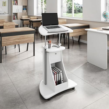 Techni Mobili Adjustable Height Rolling Laptop Cart with Storage, White | Adjustable height rolling laptop cart with storage, open shelf, wheels, sit‑to‑stand ideal for podium office medical use - color: White