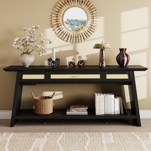 iPormis 70.9 Inches Rattan Entryway Table with Drawer, Narrow Long Console Table Behind Sofa, Modern Entry Accent Hallway Table for Living Room, Behind Couch, Entrance, Black - color: Black