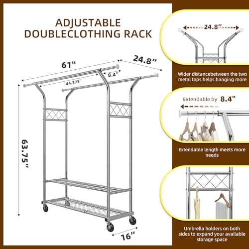 Simple Trending Heavy Duty Clothing Clothes Rack for Hanging, Rolling Double Rod Garment Rack Organizer with Wheels Load 620 LBS, Chrome - size: Double Shelves