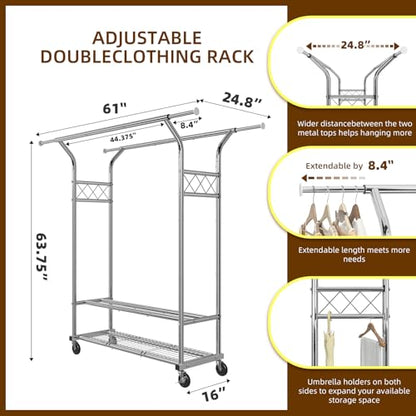 Simple Trending Heavy Duty Clothing Clothes Rack for Hanging, Rolling Double Rod Garment Rack Organizer with Wheels Load 620 LBS, Chrome - size: Double Shelves