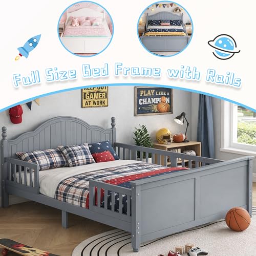 Full Size Kids Bed Frame with Removable Guardrails, Low Profile, Gray | 3 guardrail setups: all installed, front removed or all removed; 8 slats; 6-inch mattress sold separately; no box spring - color: Grey, size: Full