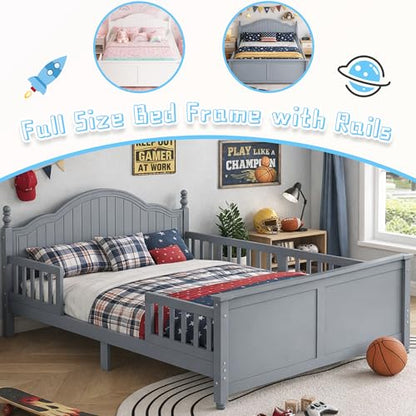 Full Size Kids Bed Frame with Removable Guardrails, Low Profile, Gray | 3 guardrail setups: all installed, front removed or all removed; 8 slats; 6-inch mattress sold separately; no box spring - color: Grey, size: Full