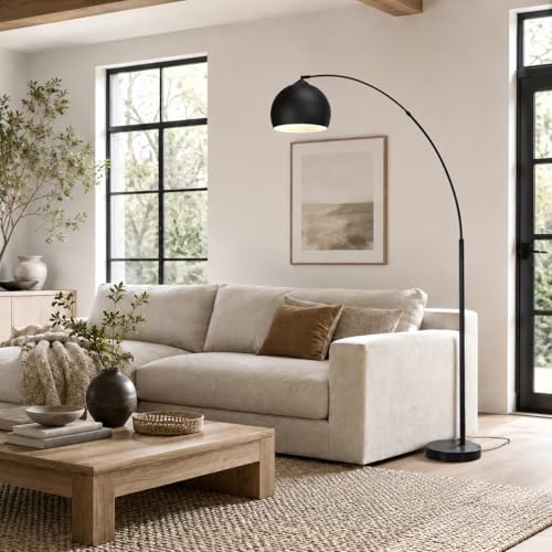 Teamson Home Arquer 66.93" Arc Floor Lamp for Living Rooms, Home Offices, Dining Rooms, Bedrooms with Faux Black Marble Base and Black Bell Shade - color: Black