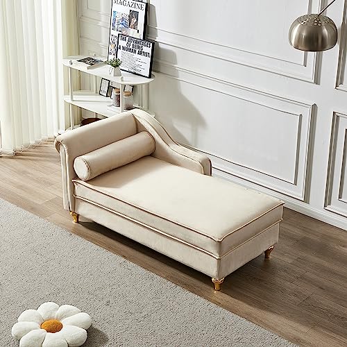 60.6" Modern Storage Chaise Lounge Indoor,Velvet Upholstery Sofa Chair with1 Toss Pillows,Upholstery Lounge Sofa with Gold Metal Legs for Small Apartment,Living Room,Office,Reception Area,Beige - color: Beige