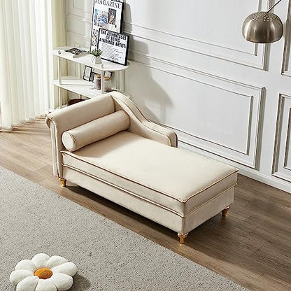 60.6" Modern Storage Chaise Lounge Indoor,Velvet Upholstery Sofa Chair with1 Toss Pillows,Upholstery Lounge Sofa with Gold Metal Legs for Small Apartment,Living Room,Office,Reception Area,Beige - color: Beige