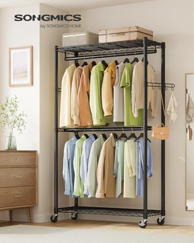 SONGMICS Heavy-Duty Rolling Clothes Rack, Garment Rack, Portable Closet on Wheels, with Adjustable Mesh Shelves and Hanging Rails, Hooks, 15.8 x 35.4 x 78.3 Inches, Ink Black ULGR416BH01 - size: 35.4"W