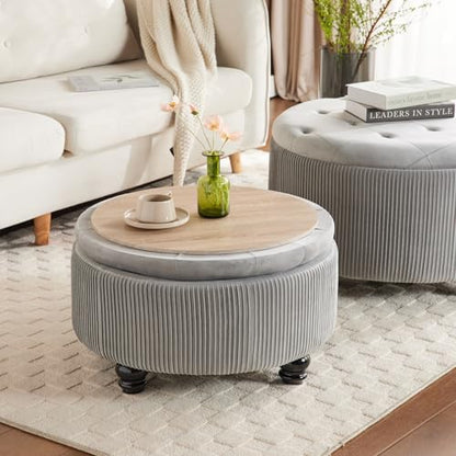 29'' & 24.5'' Round Storage Ottoman Coffee Table Set of 2, Light Gray | Ottoman with Storage, Removable Lid, Upholstered Footrest Stool for Living Room Bedroom, Easy Assembly, Velvet Ottomans - color: Large-light Grey