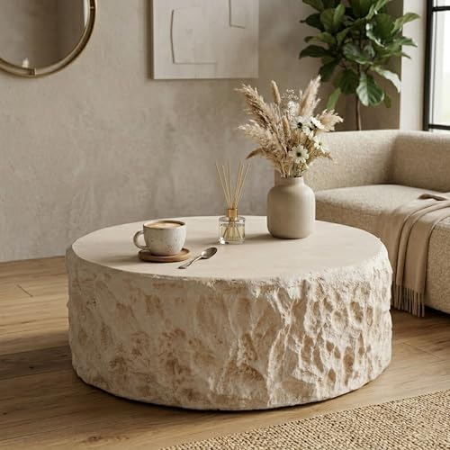 31.5'' Round Faux Stone Coffee Table, MgO Concrete Drum Center Table, Modern Minimalist Beige Coffee Table for Living Room, Apartment, Office, No Assembly, Beige - color: 31.5'' Round Beige