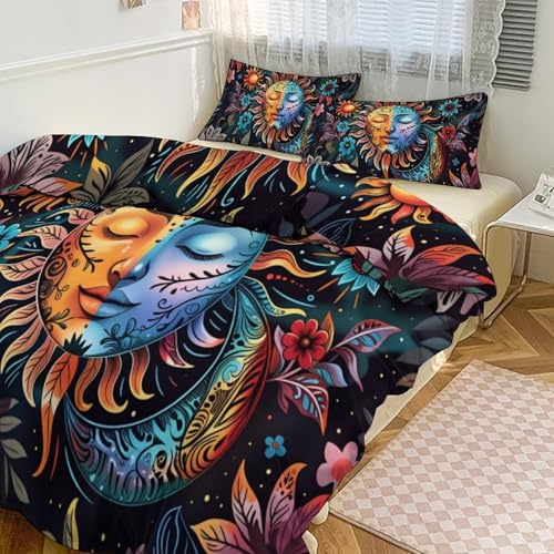 Boho Sun and Moon 3 Piece Reversible Bedding Set 102"x90",Double Sided Brushed Microfiber Duvet Cover Set with 2 Pillowcases Soft Breathable Comforter Cover for Home - color: Boho Sun and Moon, size: 102"x90"