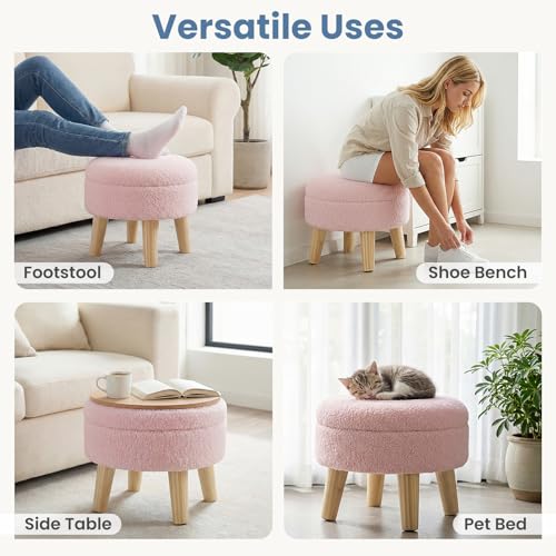 DUMOS Round Storage Ottoman with Reversible Tray Lid, Multi-Functional Footrest, Teddy Velvet Footstool with Wood Legs, Small Coffee Table for Living Room, Bedroom, Pink - color: Pink