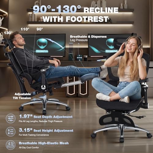MALOL Ergonomic Office Chair, 400lbs High Back Mesh Desk Chair with 6D Armrests, 3D Headrest, Adjustable Lumbar Support, Seat Depth Adjustment, Tilt Lock, Metal Base & PU Wheels, Black - color: Black
