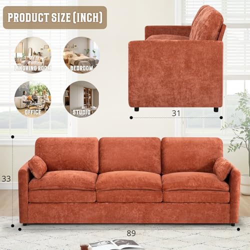89" Chenille Modern Couch with Cozy & Soft Backrests, Orange | 3 Seats Sofa with 2 Extra Pillows, Comfy Upholstered Sofa with Thicker Cushions for Living Room, Office - color: Orange, size: Sofa