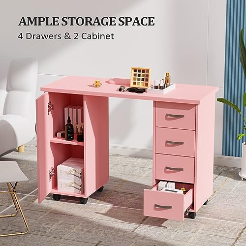 OmySalon Manicure Table Nail Desk with Cabinet, Drawers, Wheels & Wrist Rest, Spa Salon Beauty Home Wooden Technician Workstation for Nail Tech, Pink - color: Pink