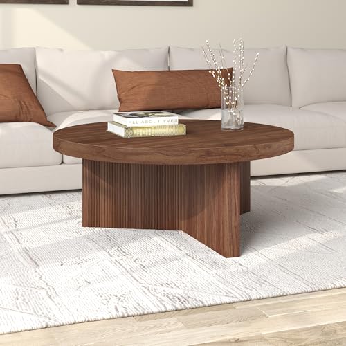 Henn&Hart 36" Scandinavian Fluted Coffee Table, Medium Walnut | Ribbed pedestal base and low profile bring Scandinavian style to small spaces including living rooms or family rooms - color: Medium Walnut, size: 36 inches