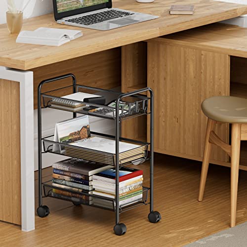 3-Tier Mesh Rolling Cart - 24.8" H Fits Under Desk Metal Cart with Wheel | Hold 35bls/Tier Small Space Storage Organizer Crafts Utility Cart for Office Pantry Bathroom Kitchen Laundry, Black - color: Black, size: 3 tier