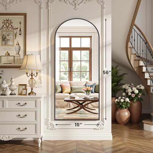 OLIXIS 15.5"x 56" Arched Full Length Mirror, Floor Mirror | Full Body Floor Mirrors with Stand, Hanging or Leaning for Wall, Aluminum Alloy Thin Frame Floor Standing for Living Room - color: Black-arched, size: 56.5"L x 15"W