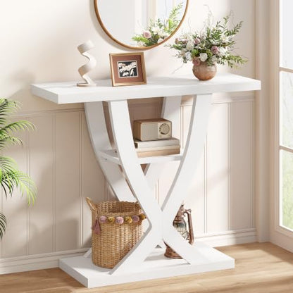 FAVOOSTY 39.4" Entryway Table, 3 Tier Hallway Table, Console Tables for Living Room, Narrow Entrance Table with Storage, Sofa Table Behind Counch, Accent Table for Entry Foyer, White - color: White