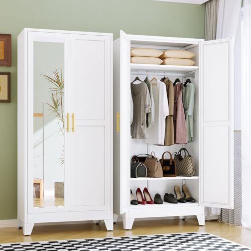 RIETERN Metal Armoire Wardrobe Closet, 71" Tall Bedroom Closet White | with Mirror, Adjustable Shelves, and Hanging Rod, Steel clothes closets and Storage, for Bedroom White - color: Mirror-white, size: No Drawer
