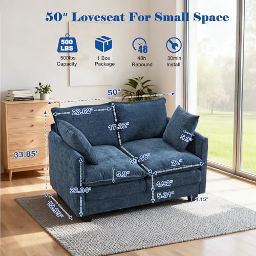 50'' Loveseat Sofa Cloud Sofa Couch, Modern Loveseats 2 Seat Couch 27" Deep Seat with 2 Pillows for Small Spaces Apartment Studio Office Bedroom Living Room, Blue - color: Blue, size: 50"