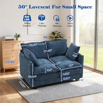 50'' Loveseat Sofa Cloud Sofa Couch, Modern Loveseats 2 Seat Couch 27" Deep Seat with 2 Pillows for Small Spaces Apartment Studio Office Bedroom Living Room, Blue - color: Blue, size: 50"